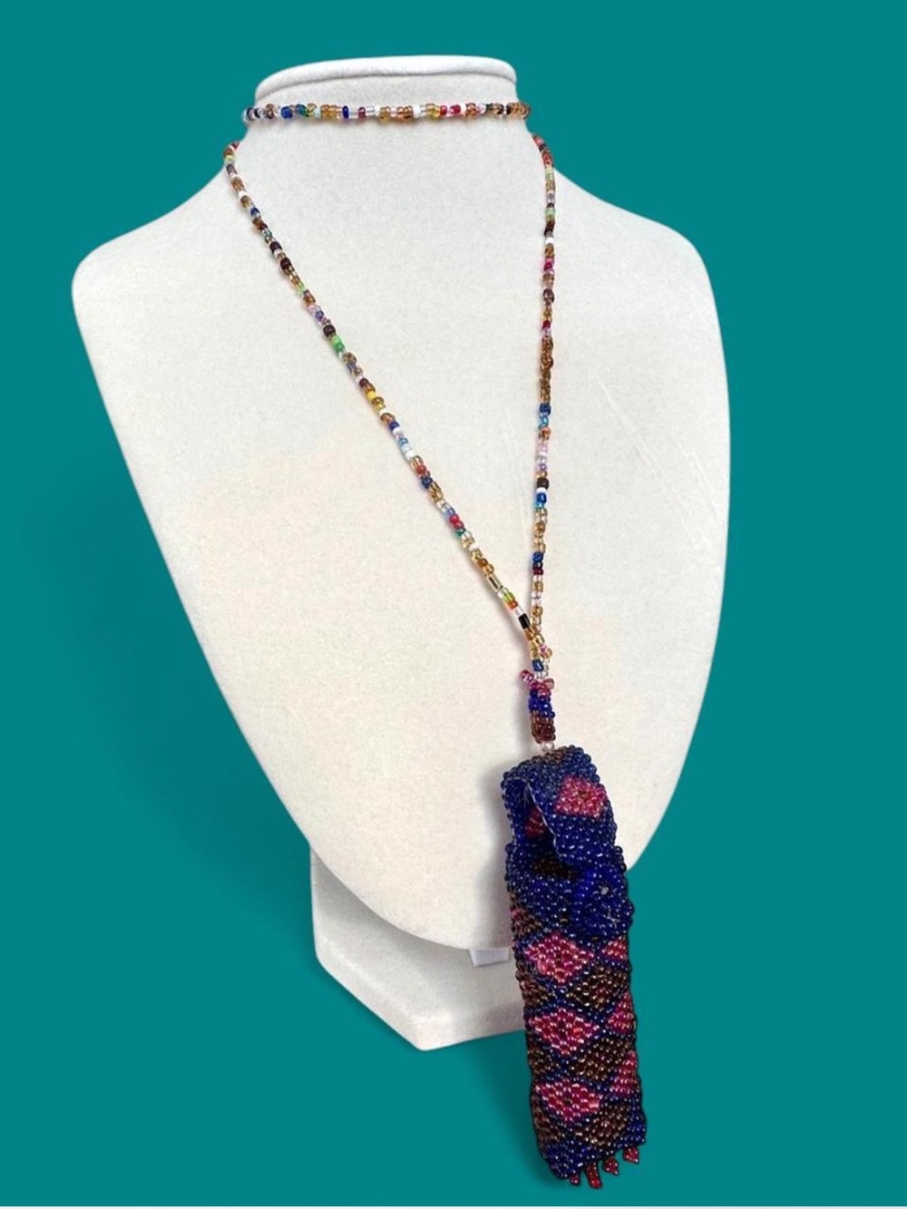 Red and Blue Seed Bead Lipstick Holder Necklace